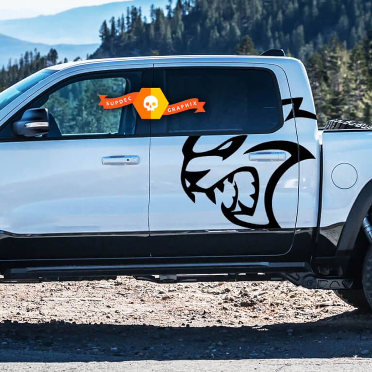 Paar Dodge Ram TRX Hellcat 2021+ Splash Ram Head Doors Bett Logo Truck Vinyl Aufkleber Bett Grafik
