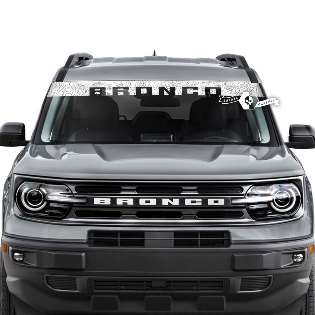 Ford Bronco Fenster Windschutzscheibe Front Topografische Karte Logo Streifen Grafikaufkleber
