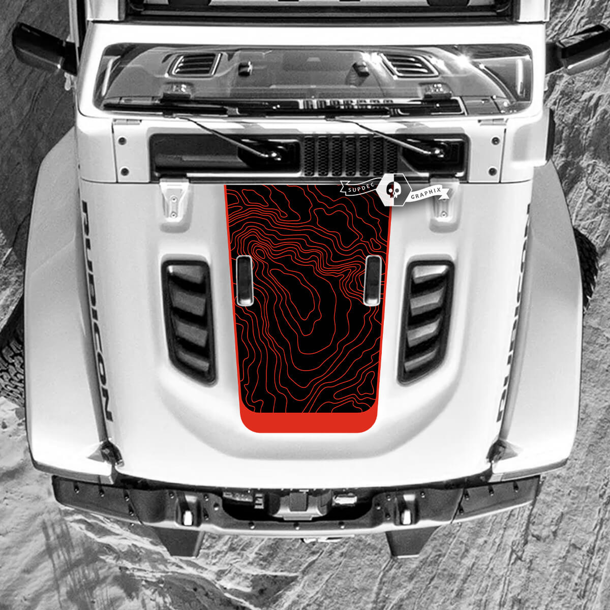 Jeep Wrangler Kapuzenaufkleber Militärhaube Topografische Karte Topo Vinylaufkleber LKW 2 Farben
