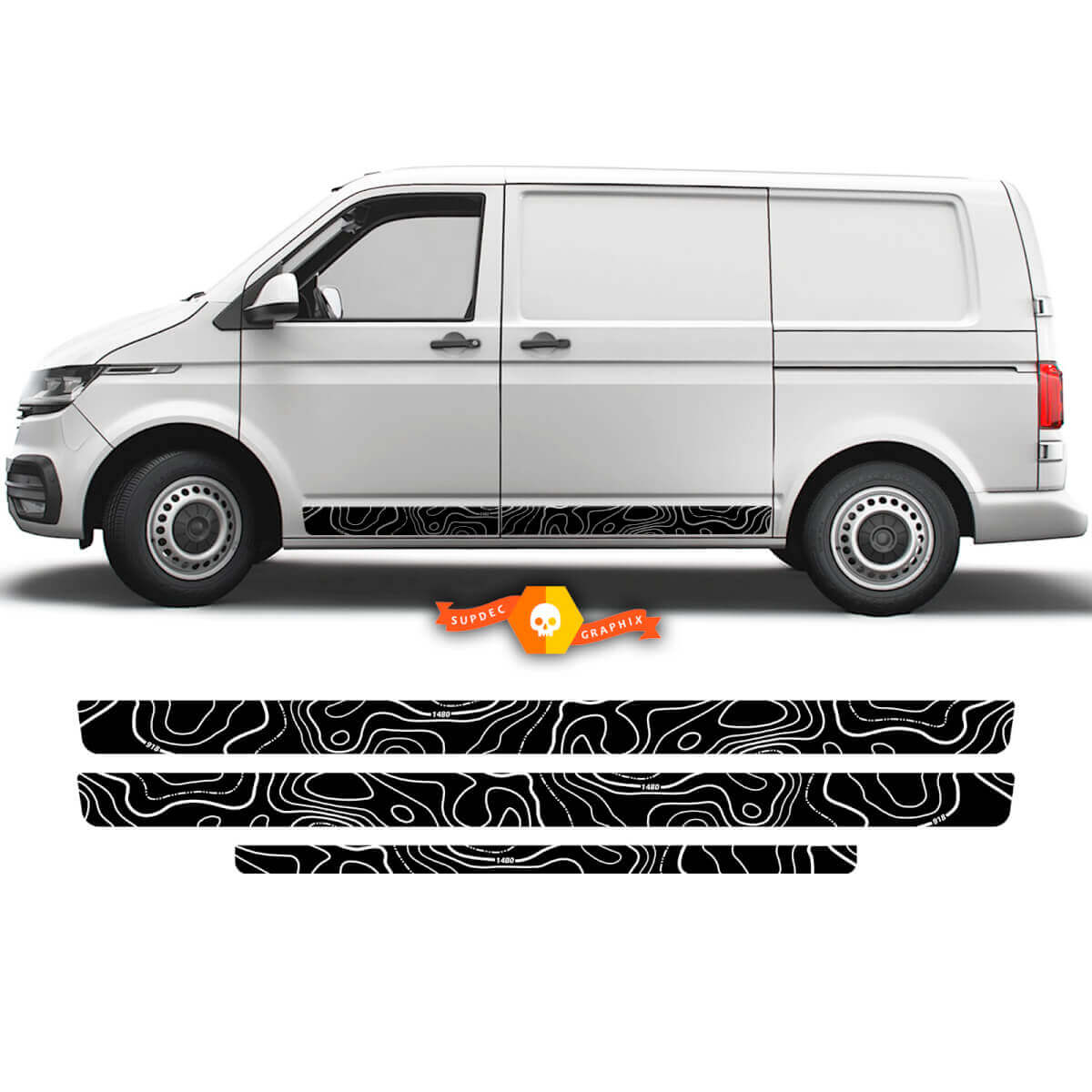 Paar VW Volkswagen Transporter Van Multivan Topografische Seitenkarte mit leeren Streifen, Kalifornien-Set für T4, T5, T6, Vinyl-Aufkleber
