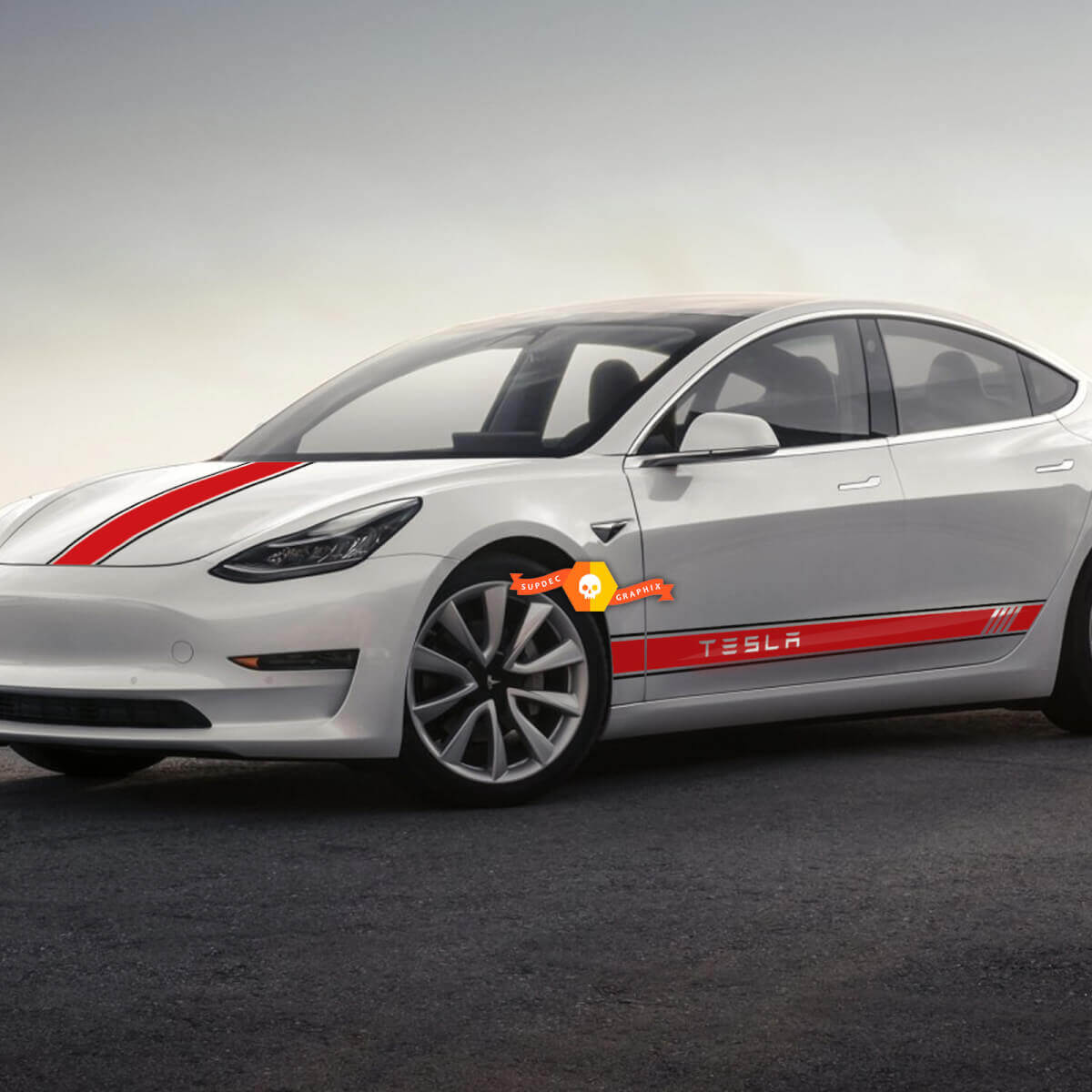 Racing-Stil Seiten- und Motorhaubenstreifen Vinyl-Aufkleber Set für Tesla