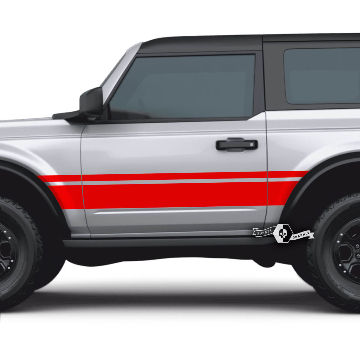 2x Set mit 2 Türen Ford Bronco Seitenaufklebern mit breiten Doppelstreifen für Ford Bronco
