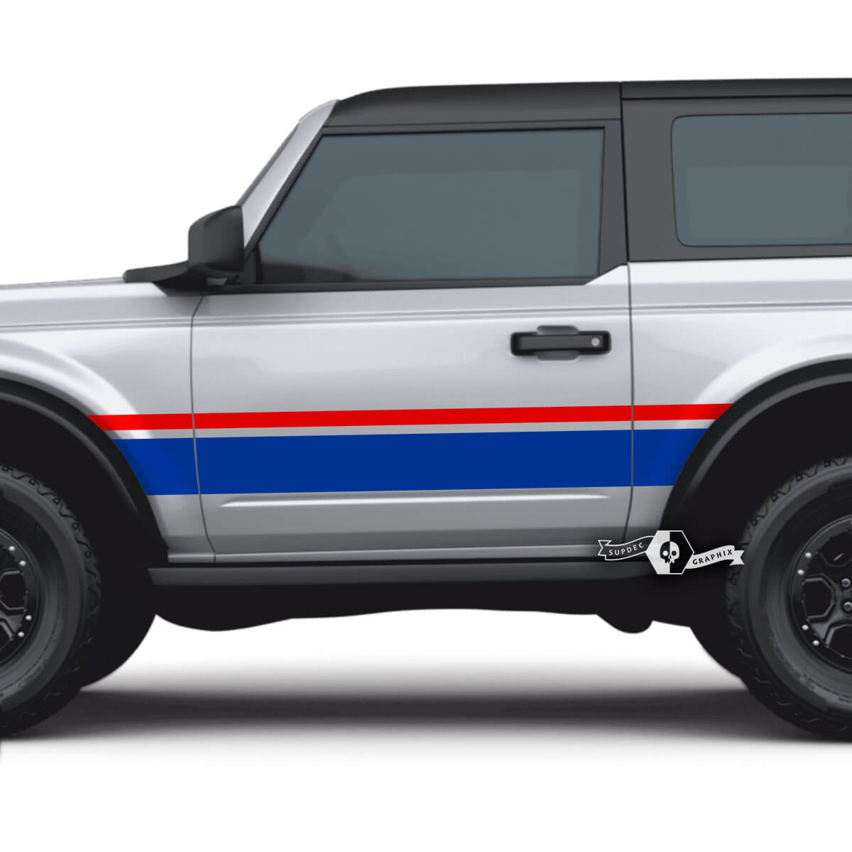 2x Set mit 2 Türen Ford Bronco Seitenaufklebern, breite Doppelstreifen-Aufkleber für Ford Bronco, 2 Farben
