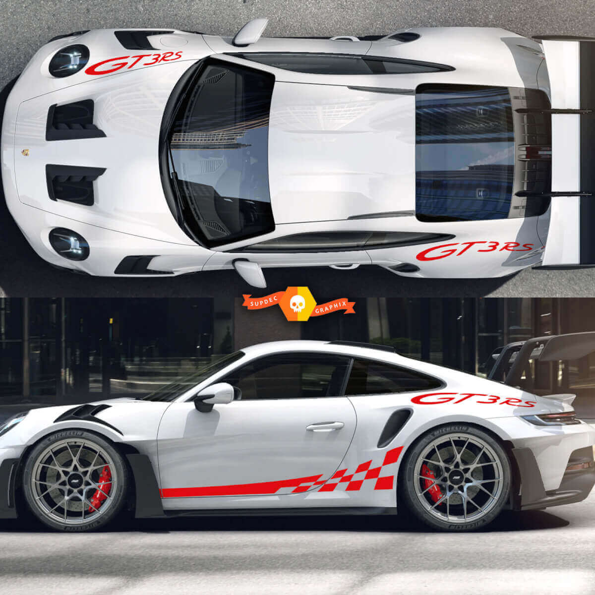 GT3 RS & Schachbrett Seitenstreifen Vinyl-Aufkleber-Set für Porsche 911