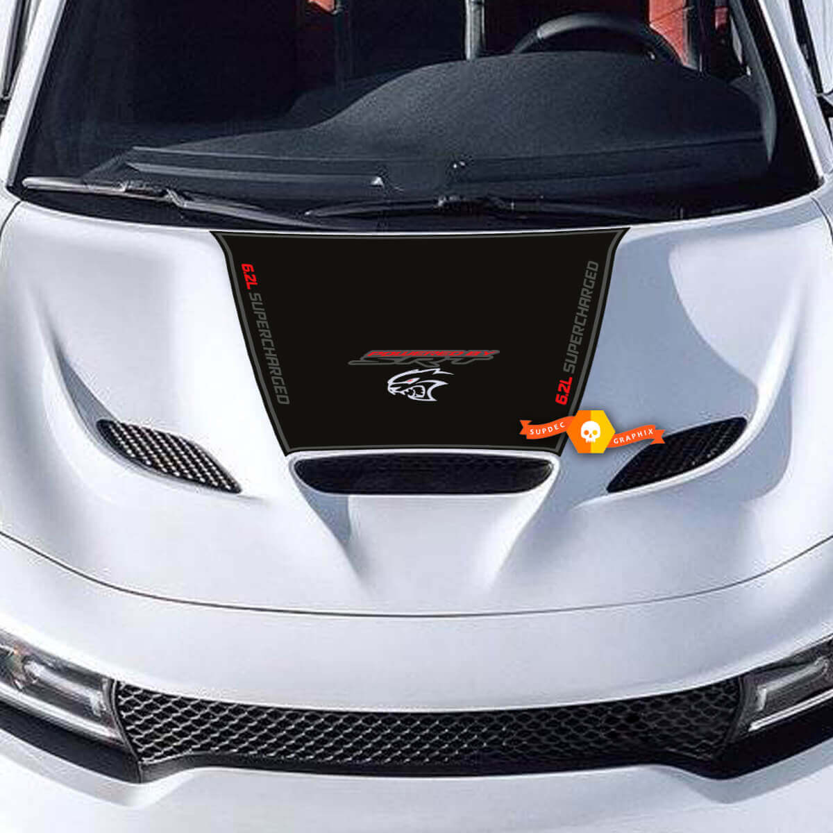Motorhaubenaufkleber für Charger 6.2L SUPERCHARGED 6.2L HEMI SRT HELLCAT HEMI Vinyl-Aufkleber, 3 Farben
