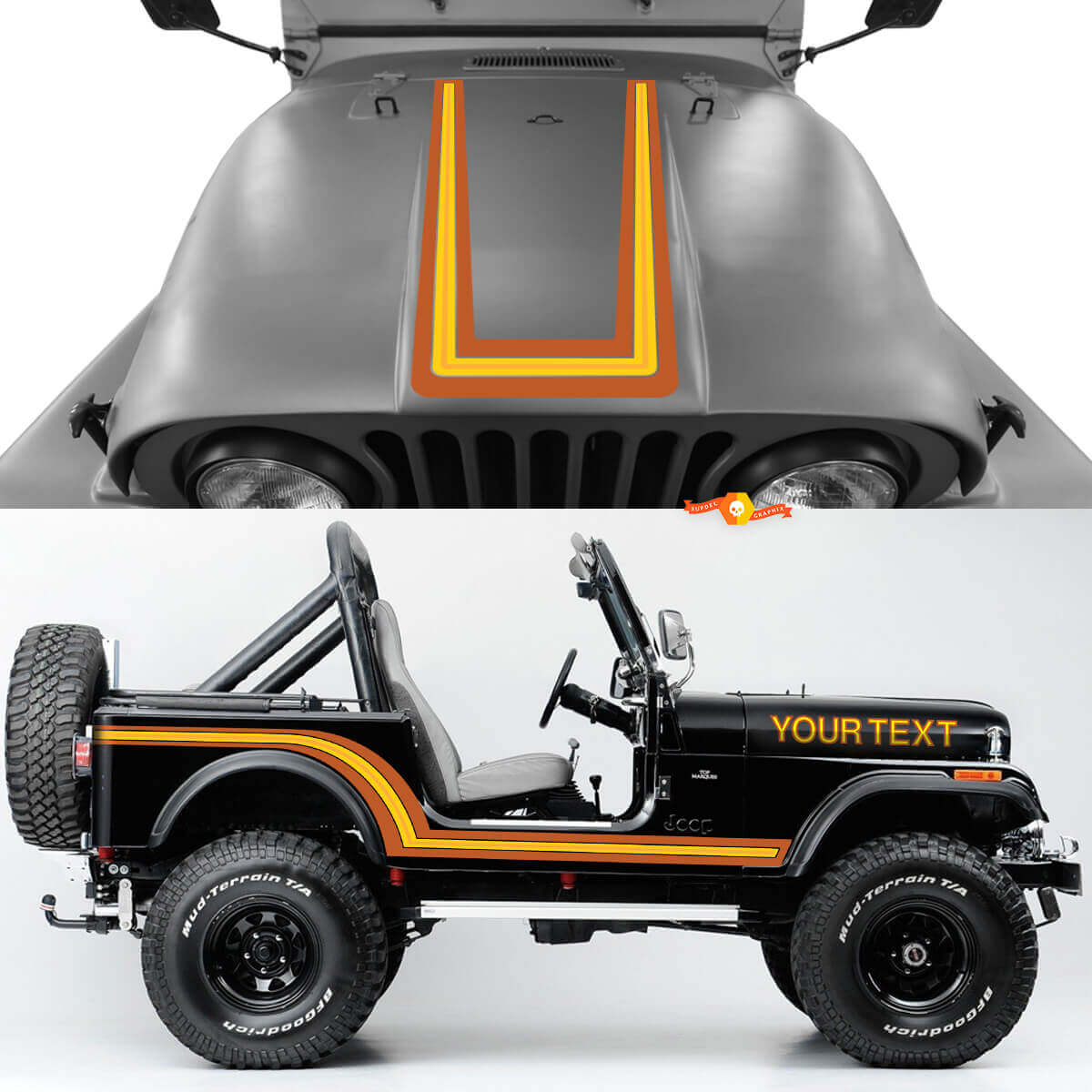 Vinyl-Aufklebersatz im Vintage-Stil für Motorhaube und Seitenstreifen für Jeep CJ7 1984-1986
