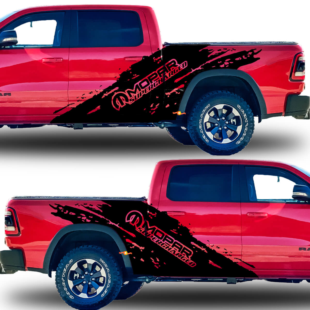 Paar Dodge Ram 1500 GT 2021+ Splash Grunge Mopar Supercharged Truck Vinyl Aufkleber Aufkleber Bett Grafik
