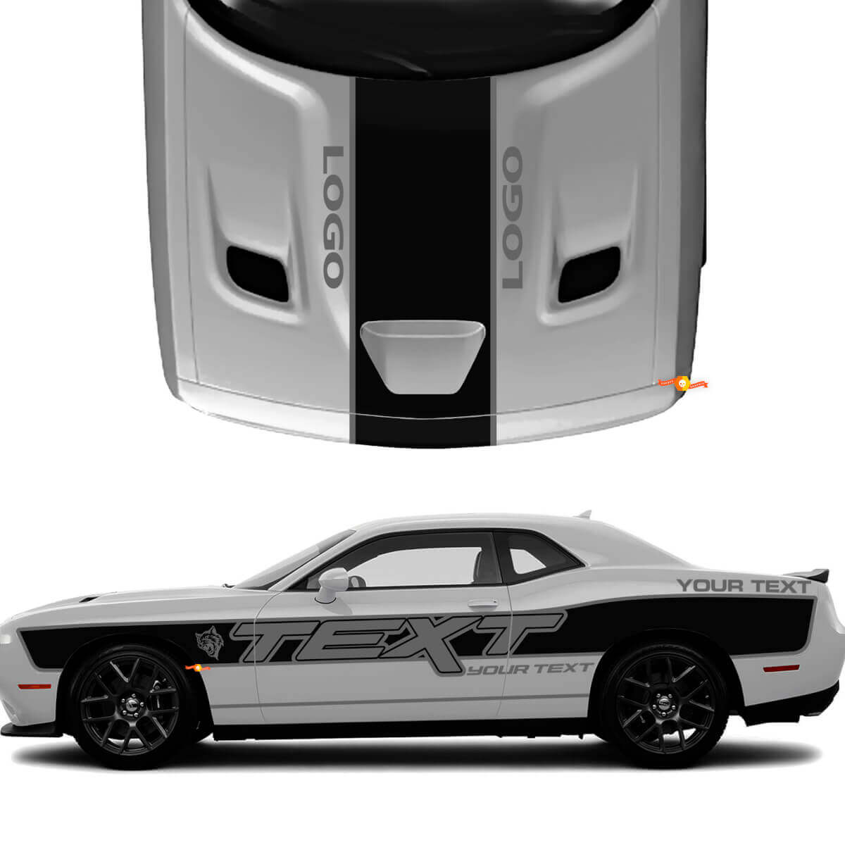 Benutzerdefinierter Text mit seitlichen und Motorhauben-Streifen Vinyl-Aufkleber-Set für Dodge Challenger