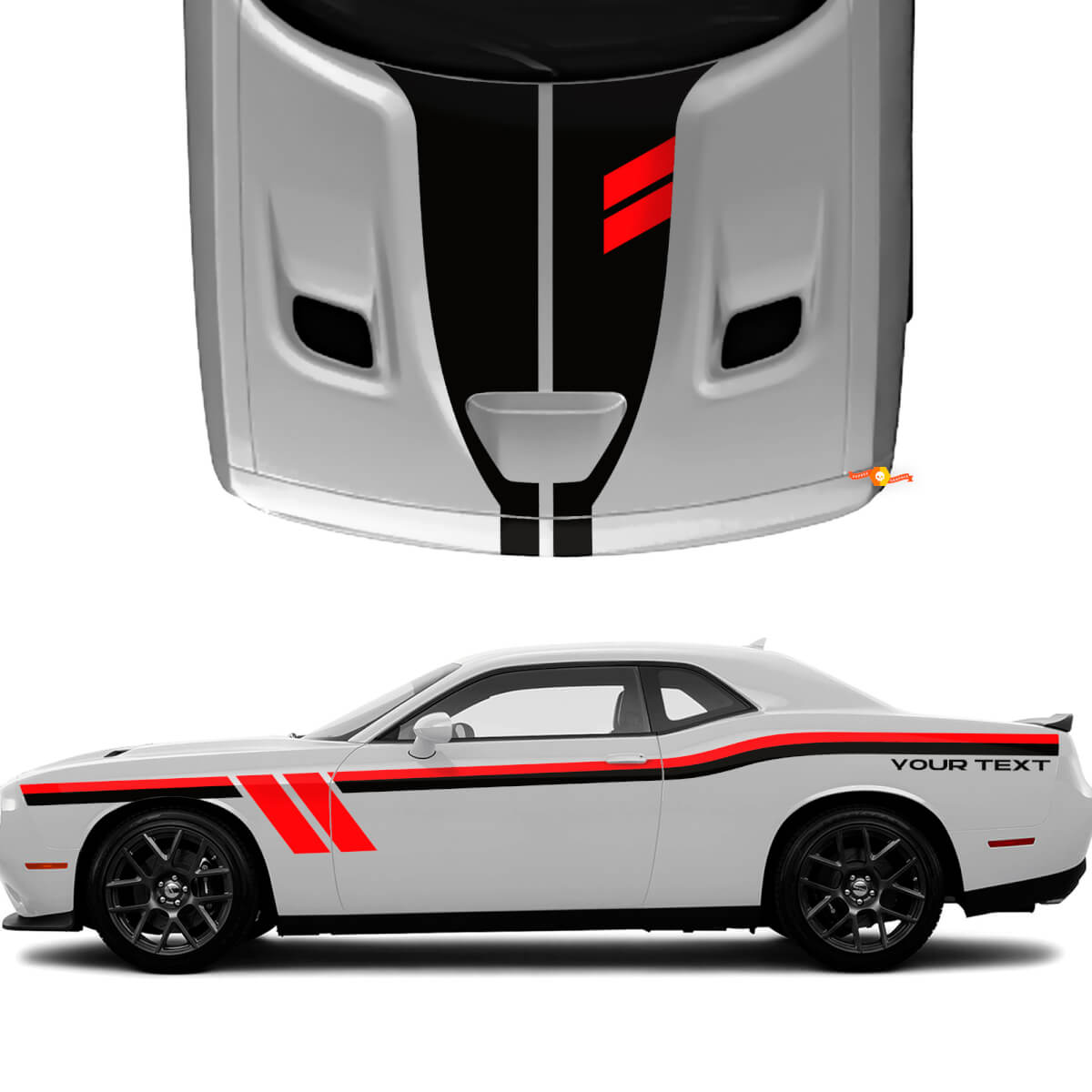 Vinyl-Aufkleber-Set mit individuellen Schriftzügen für doppelseitige und Motorhauben-Streifen für Dodge Challenger