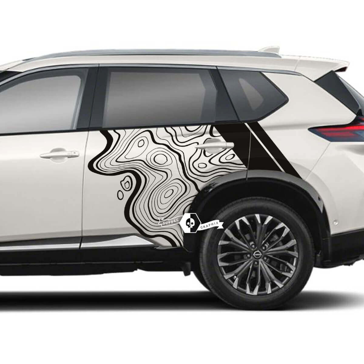 Nissan Rogue Topografische Karte mit Streifen, Seitentüren, Vinyl-Aufkleber, Grafik
