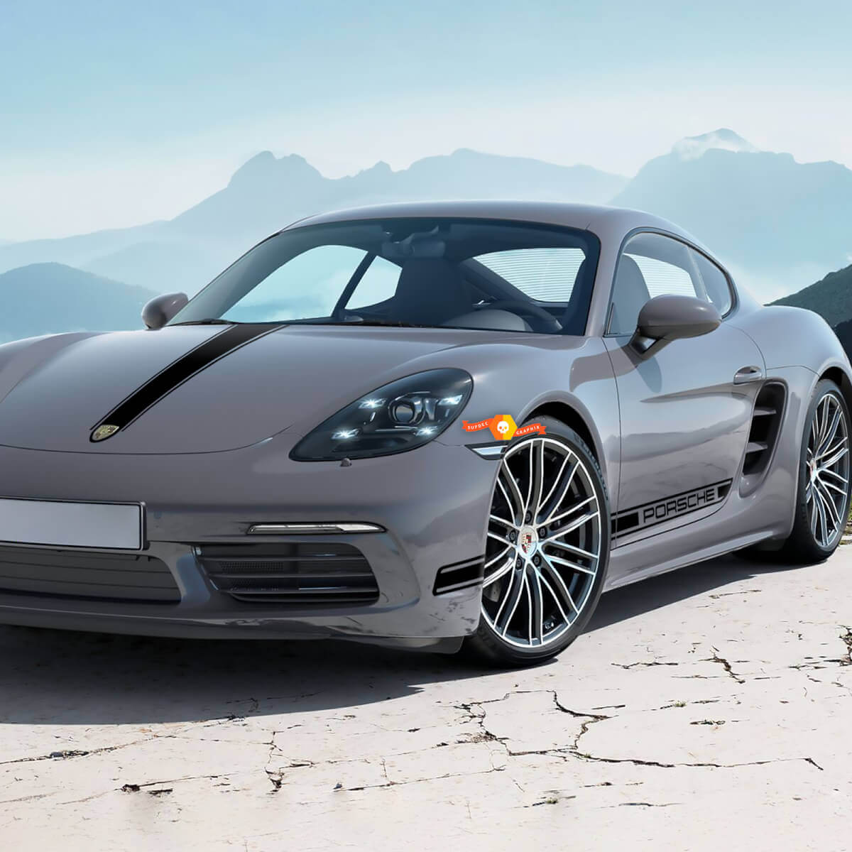 Motorhauben- und Seitenstreifengrafiken passen zum Porsche 718 Cayman-Aufkleber
