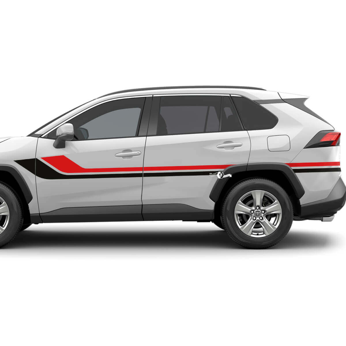 Seitlicher grafischer Vinyl-Aufkleber mit zwei farbigen Streifen, passend für Toyota RAV4
