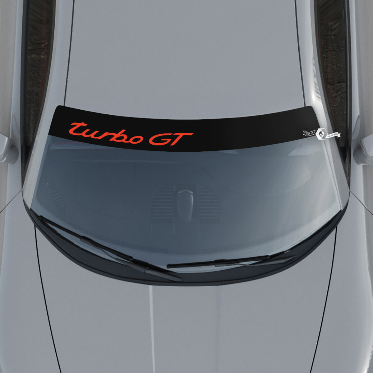 Aufkleber für die Windschutzscheibe mit Porsche Turbo GT-Logo und Hintergrundstreifen
