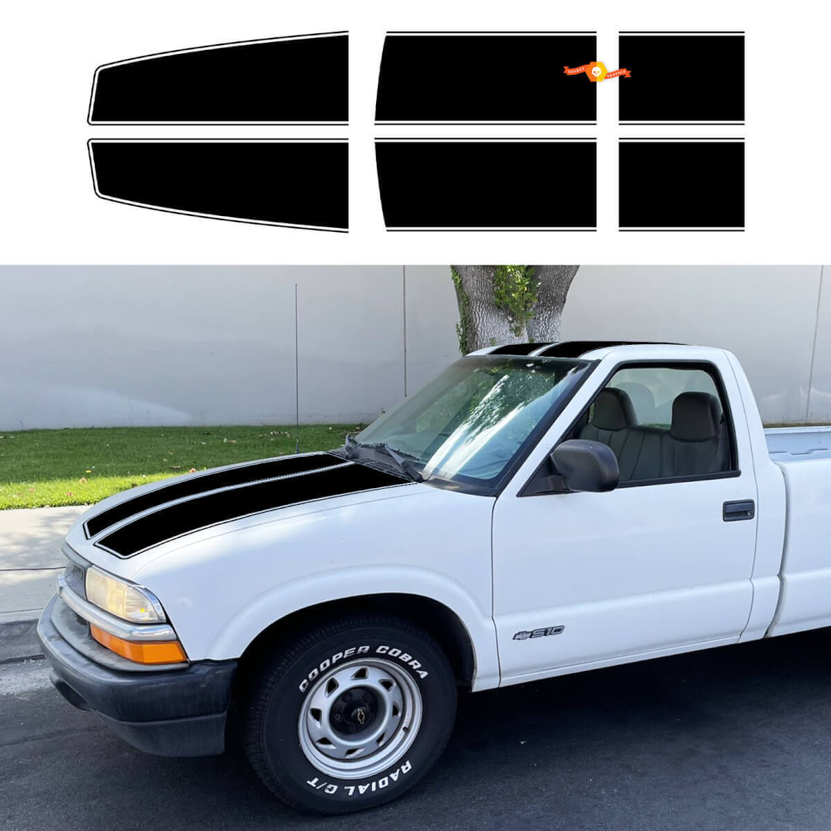Vinyl-Aufkleber-Set mit Doppelstreifen für Motorhaube, Dach und Heckklappe für Chevrolet S10 Regular Cab 1994-04