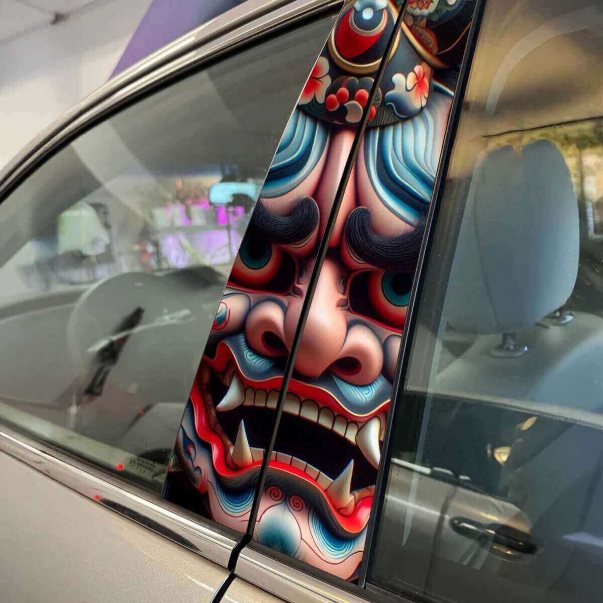 Japanische Dämonenmaske Hannya Säule Türen Auto Aufkleber Aufkleber Wrap Custom Vinyl Grafiken für Fahrzeug Styling
