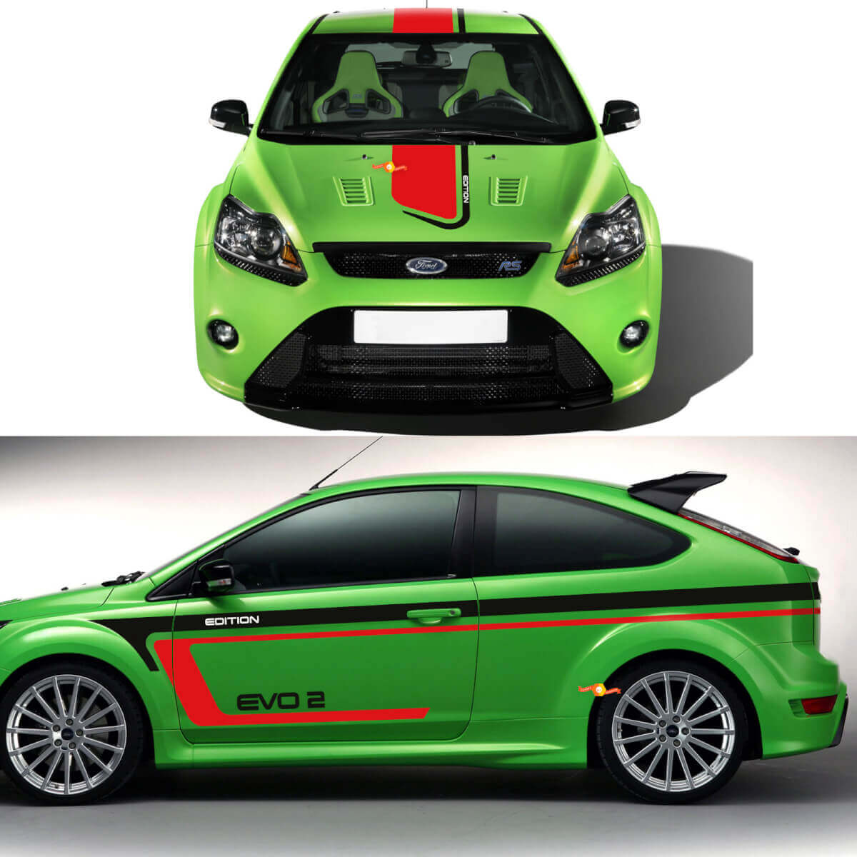 EVO 2 Racing Stripes Komplettset Vinylaufkleber für Musclecar Focus RS