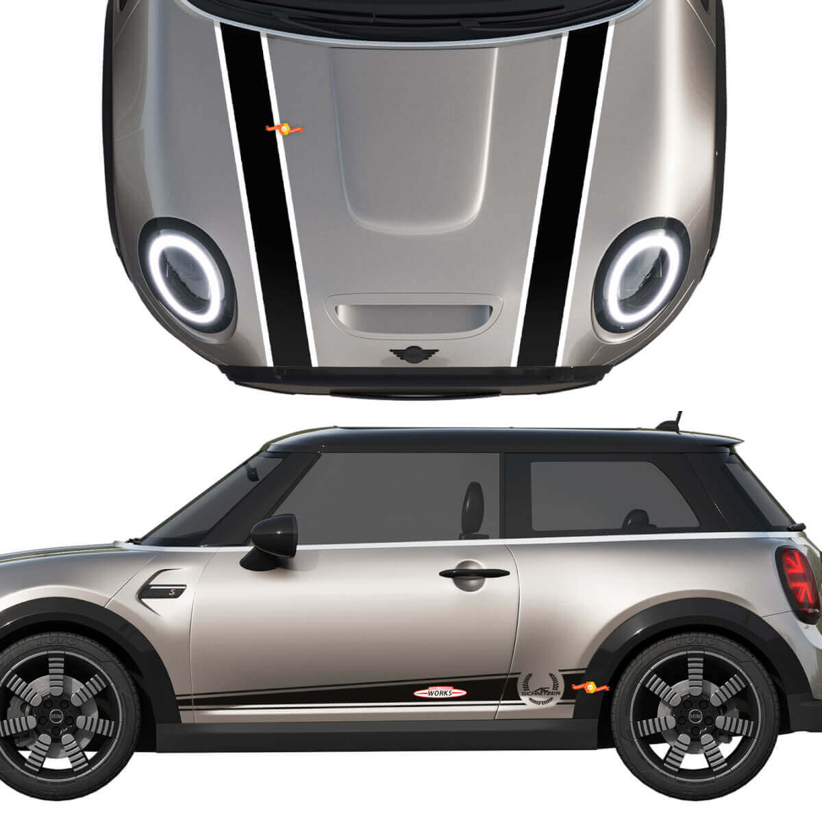 Mini John Cooper arbeitet AC Schnitzer -Motorhaube und Seitentüren Streifen Rallye und Grafikaufkleber
