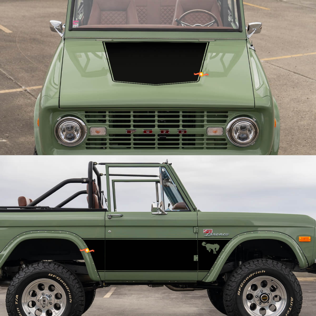 Retro Seitentüren und Haubenwicktattienschüsse Aufkleber für 1968 Ford Bronco
