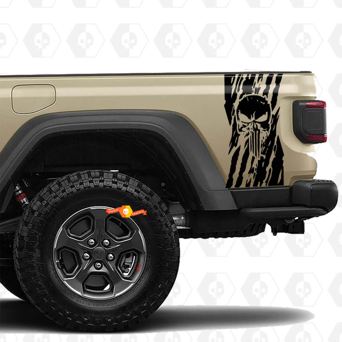 Jeep Gladiator USA Flaggen Zerstörte Punisher -Aufkleber Aufkleber Abziehbilder Vinyl Graphics Heckklatettbett Vinylaufkleber Abziehbilder
