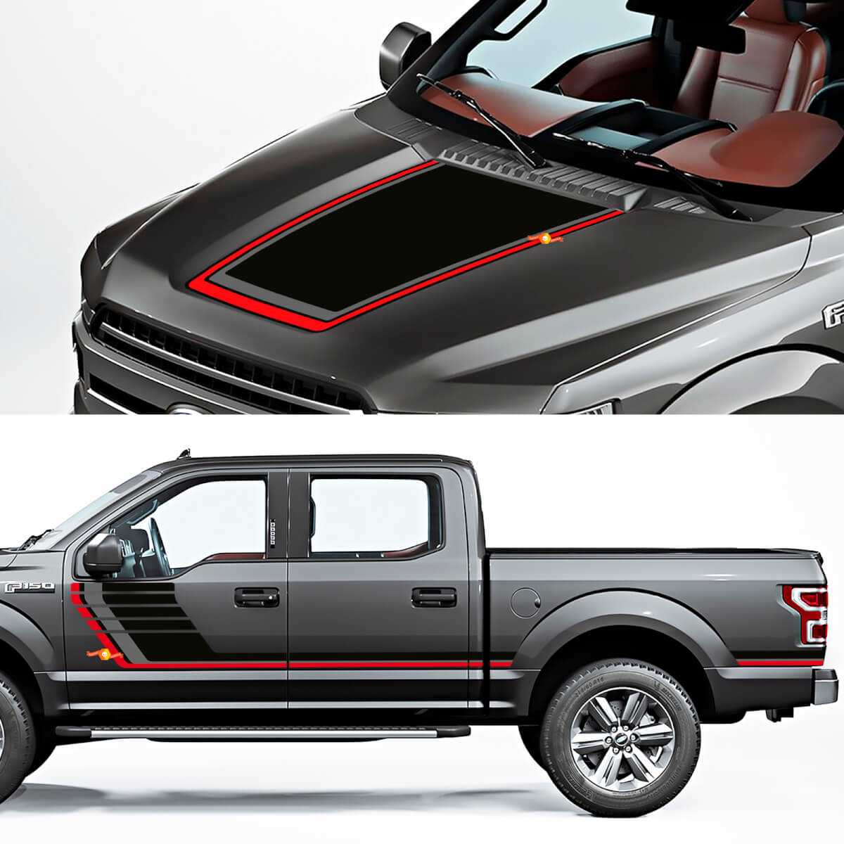 Seitenwiedertafel und Kapuzenaufkleber Grafikanpassung an Ford F150 Raptor Roush Package 3 Farben
