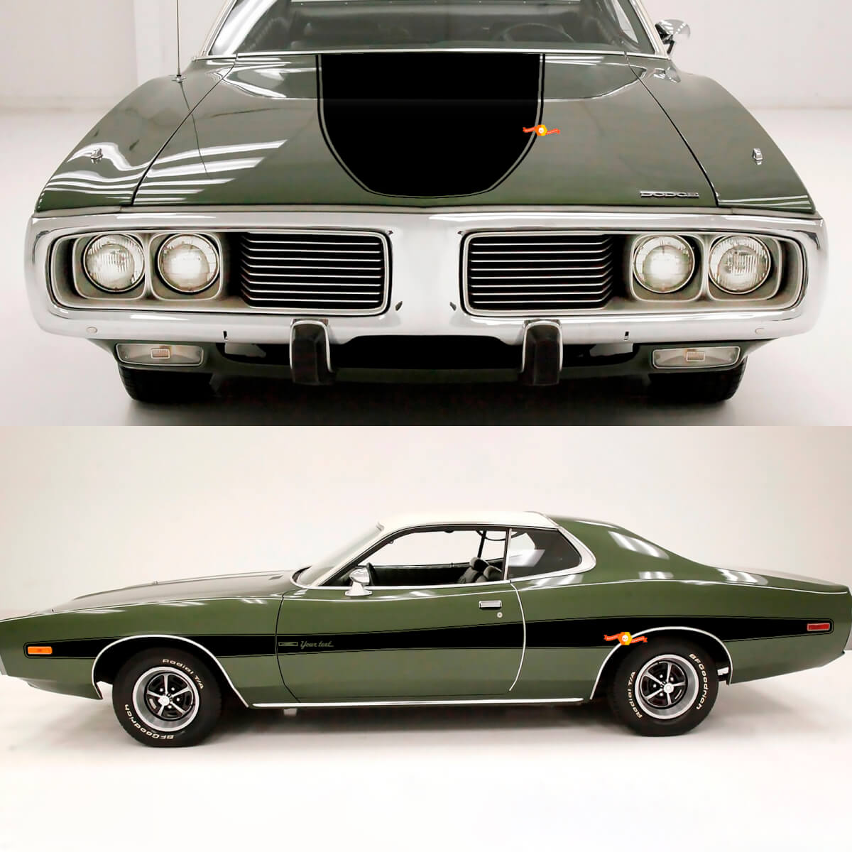 Akzent Motorhauben- und Seitenstreifen Vinyl-Aufkleber Set für Dodge Charger 1973-74
