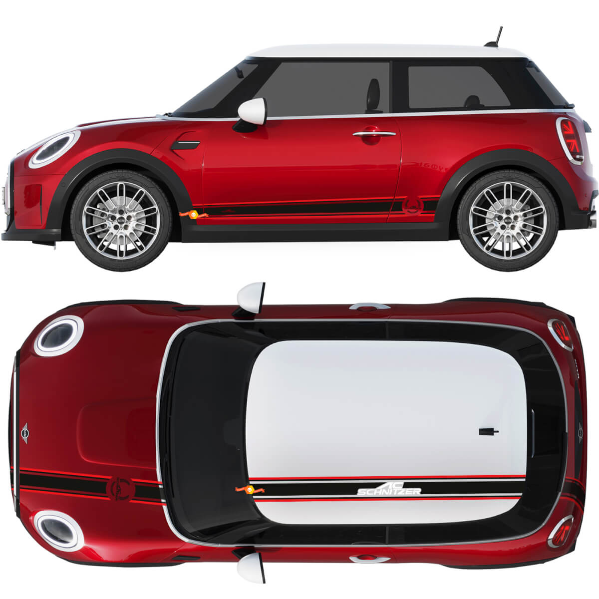 Mini John Cooper arbeitet AC Schnitzer Hood Dach und Seitentüren Streifen Rallye und Grafikaufkleber
