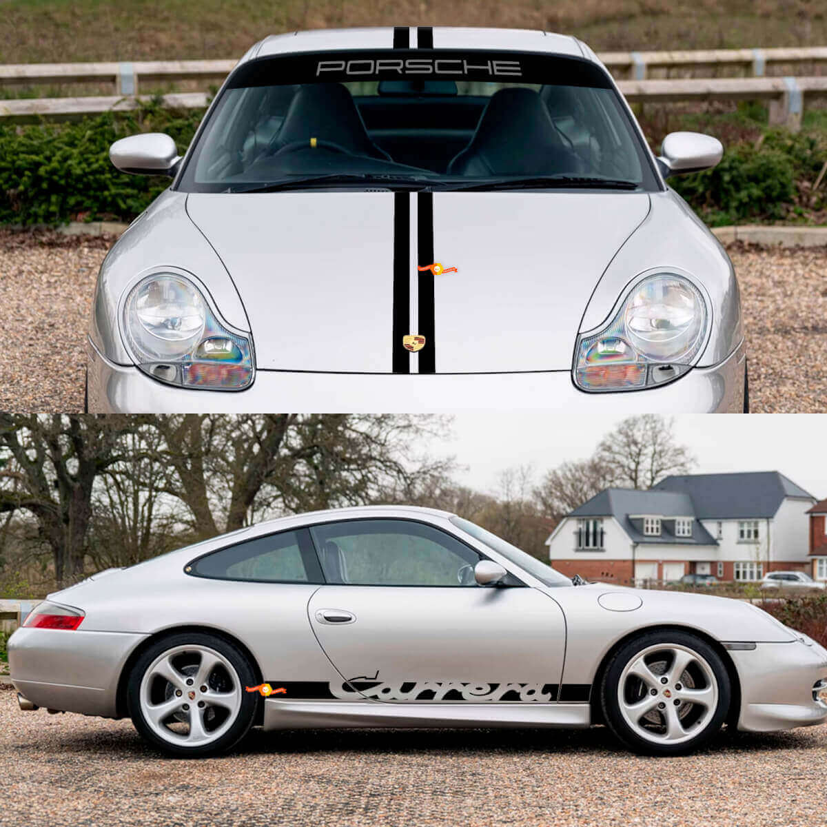 Carrera-Streifen Retro Motorhaube Seiten-Windschutzscheibenaufkleber Set für Porsche 911