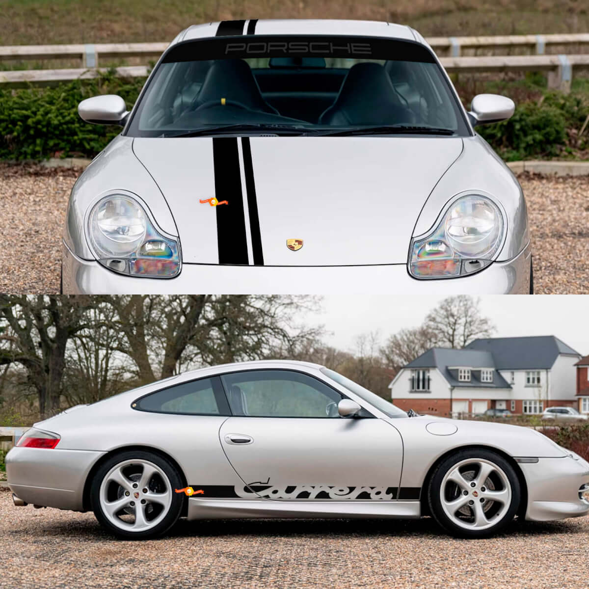 Porsche 911 Carrera Dual Central Stripes Retro Hood Side Windschutzscheibe Aufkleber Kit
