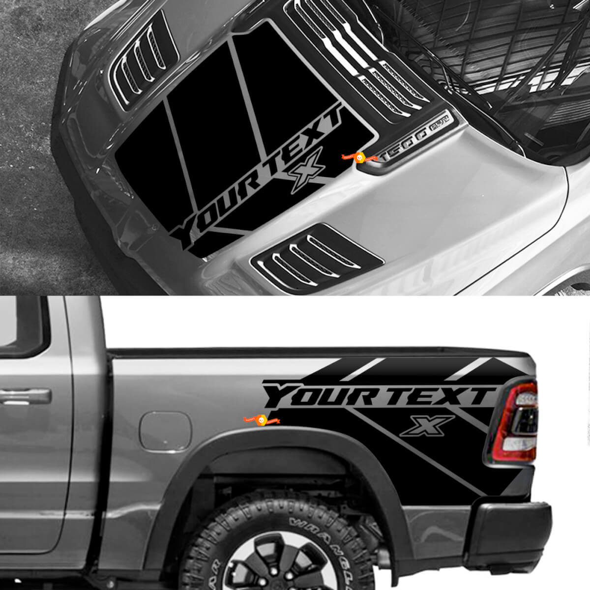 Benutzerdefinierter Vinyl-Aufkleber-Kit für Motorhaube und hintere Seitenstreifen für Dodge Ram 1500 Rebel
