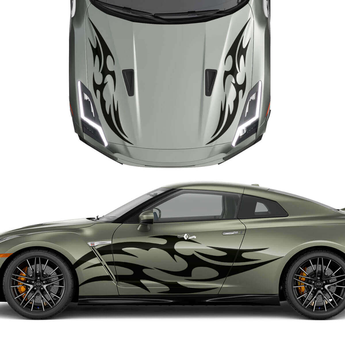 Motorhaube und Seiten Dual Tribal Tattoo Grafik Streifen Aufkleber Set 2 für Nissan GT-R