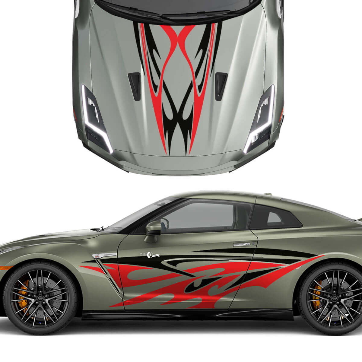 Kapuzen- und Seiten Dual Tribal Tattoo Graphics Stripes Decal Kit für Nissan GT-R 3
