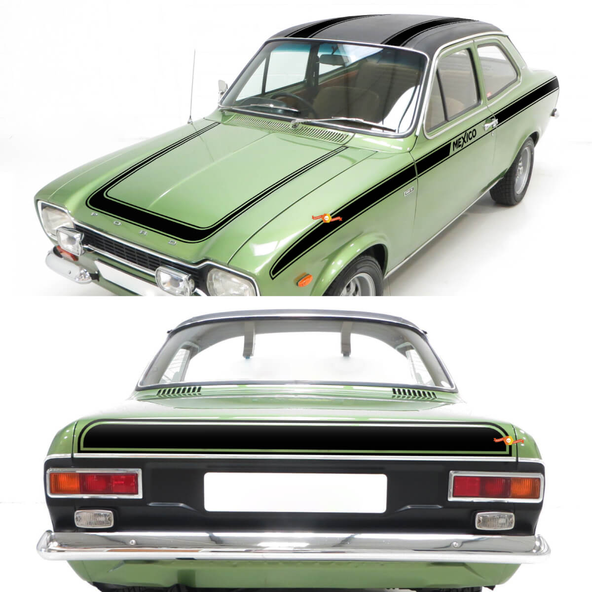 Vintage Streifen komplettes Set von Seitenhauben- und Heckstreifen für Ford Escort 1970 Mexico
