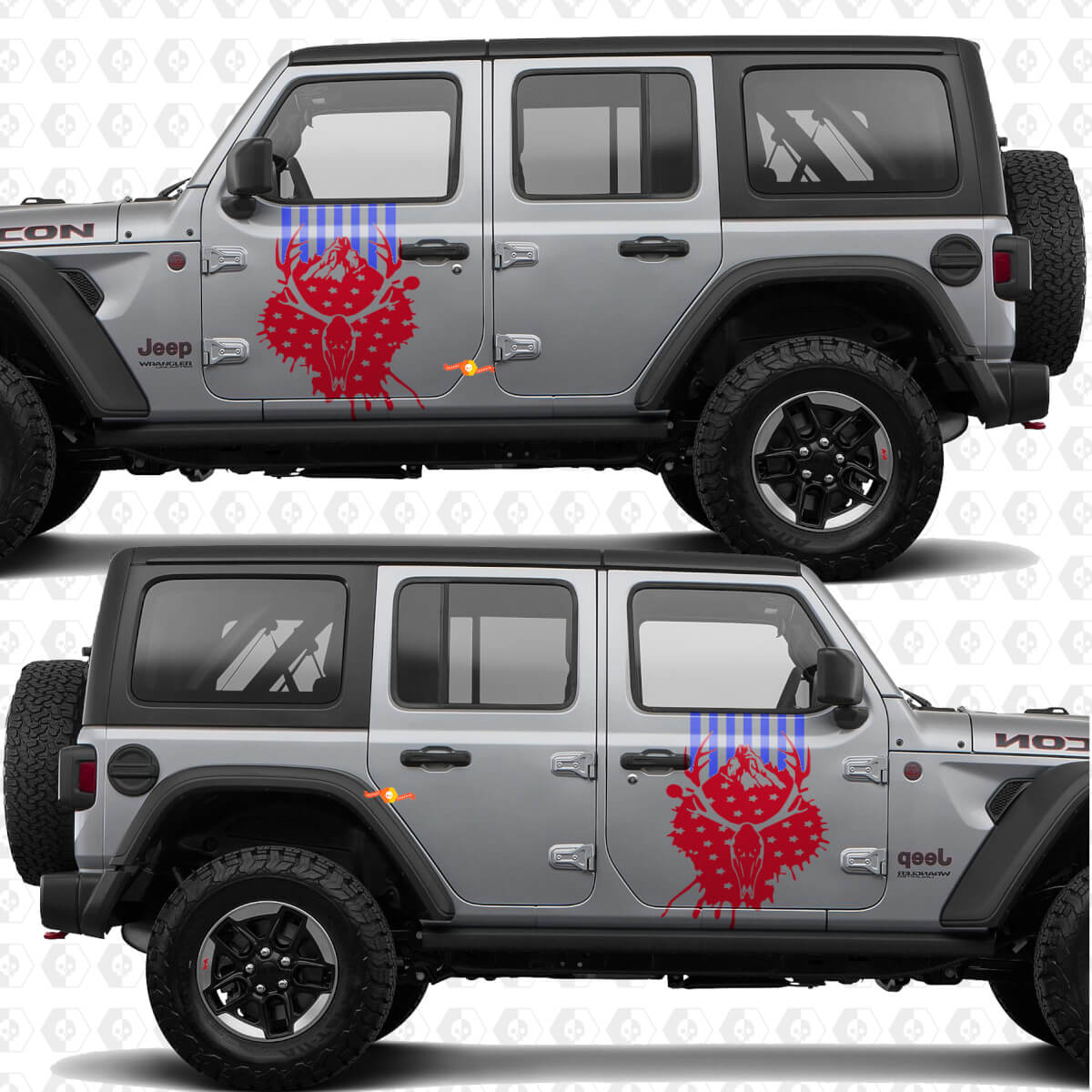 Totenkopf Hirsch US-Flagge Seiten Türen Streifen Vinyl-Aufkleber passend für Jeep Wrangler