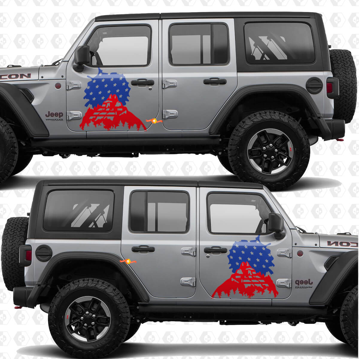 Berge Sonnenuntergang US-Flagge Seitentüren Streifen Vinylaufkleber passend für Jeep Wrangler
