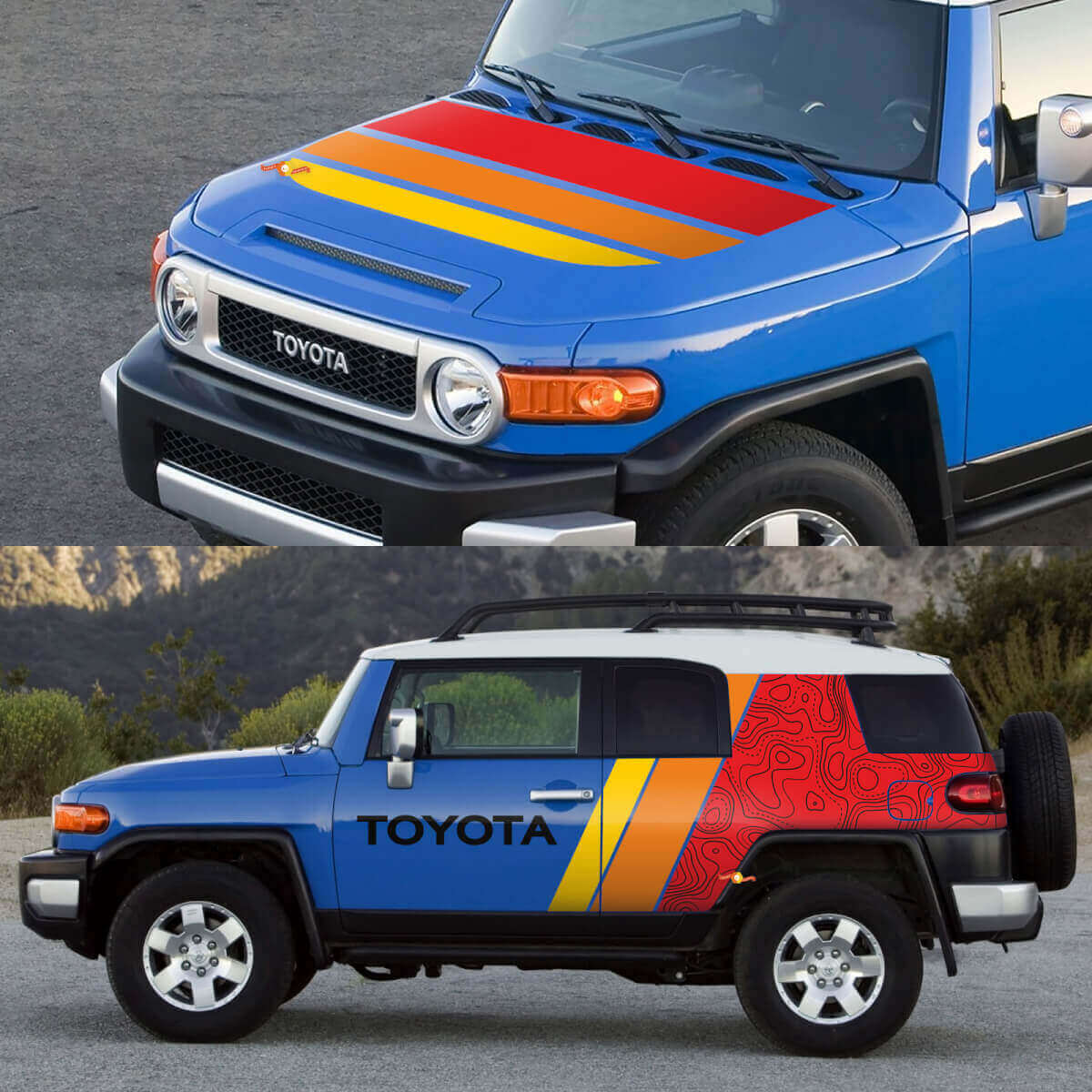 Retro Topographisches Motorhauben- und Seitenverkleidungs- Vinyl-Aufkleber-Set für Toyota FJ Cruiser