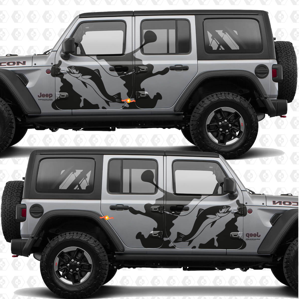 Angelh Stange und Forellen-Spritz-Seitentüren Vinyl-Aufkleber passend für Jeep Wrangler
