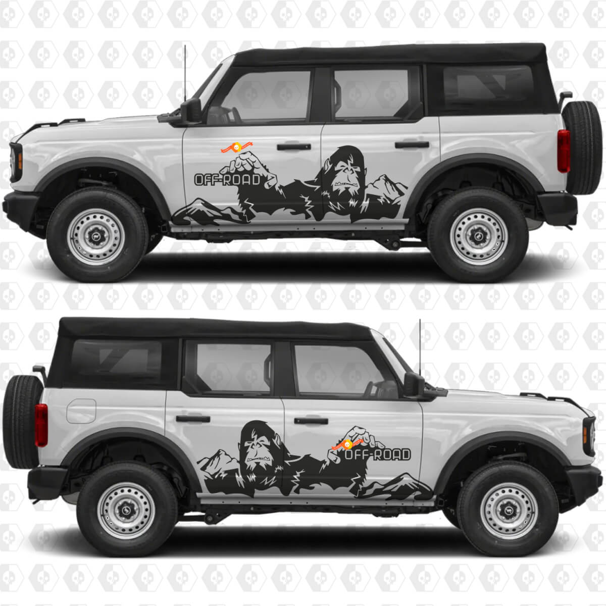 Paar Türen Sasquatch / Bigfoot 'Off-Road' Seiten-Spritzschutz Grafik Vinyl-Aufkleber passt für Ford Bronco