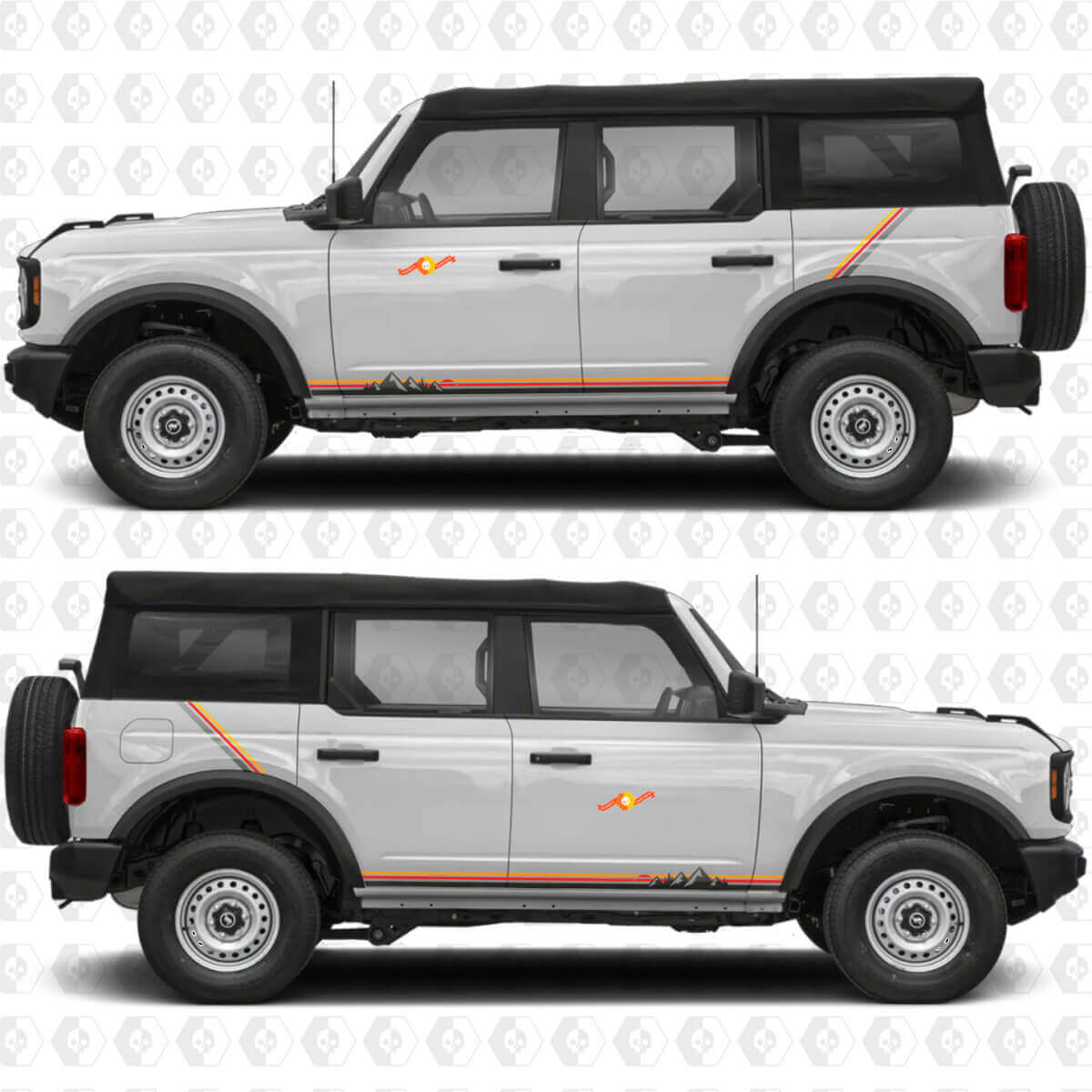 Retro Sonnenuntergang Berge Streifen Türen Vinyl Aufkleber Sticker für Ford Bronco Heritage