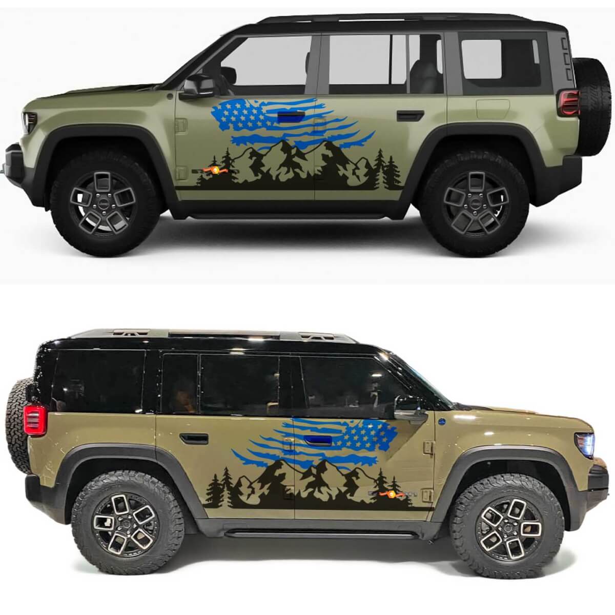 Mountains and Trees US-Flag Seiten-Türen Vinylaufkleber für Jeep Recon