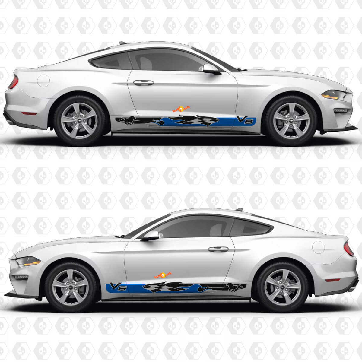 V6 Mustang Schachbrettflaggen-inspirierte Seitentür Schweller Vinylaufkleber für Ford Mustang
