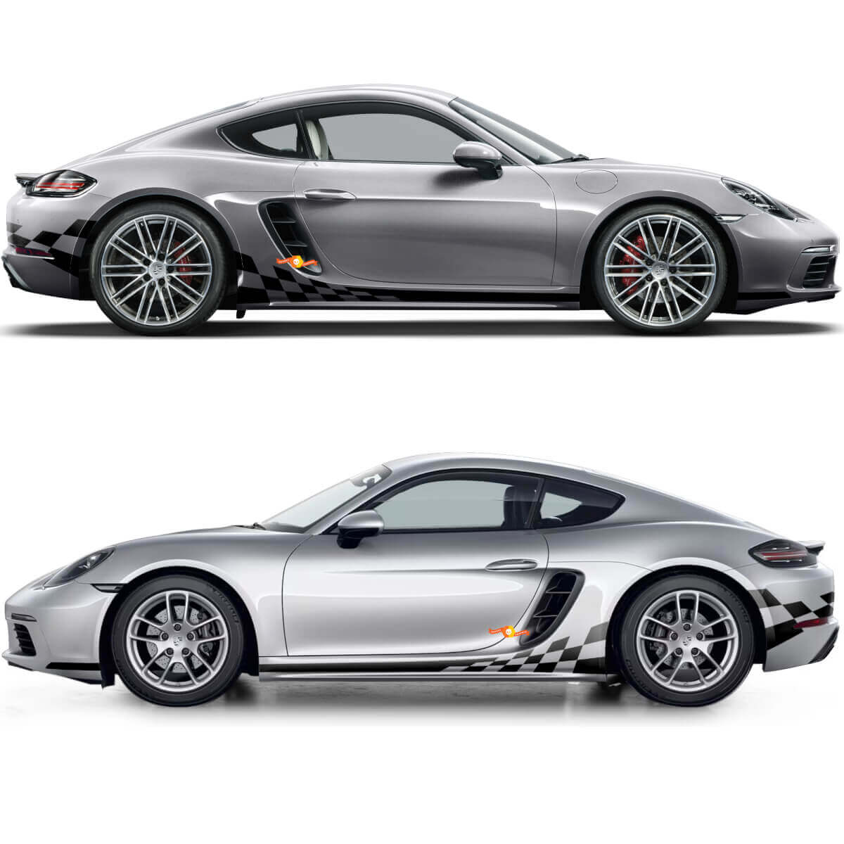 Karierte Flaggen-Seitenstreifen Vinyl-Aufkleber-Set für Porsche 718 Cayman