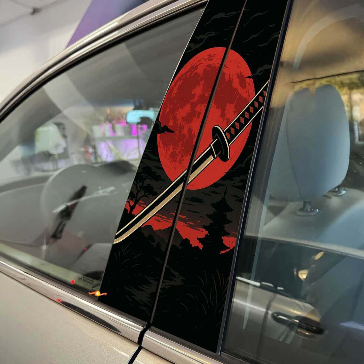Japanische Katana Roter Mond Auto Säule Tür Vinyl Aufkleber Set
