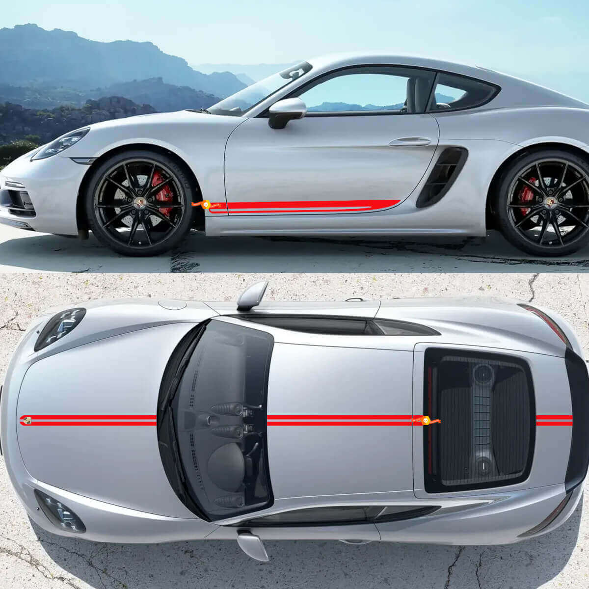 Rennstreifen Seiten Motorhaube Dach Kofferraum Vinyl-Aufkleber-Set Für Porsche 718 Cayman Boxster