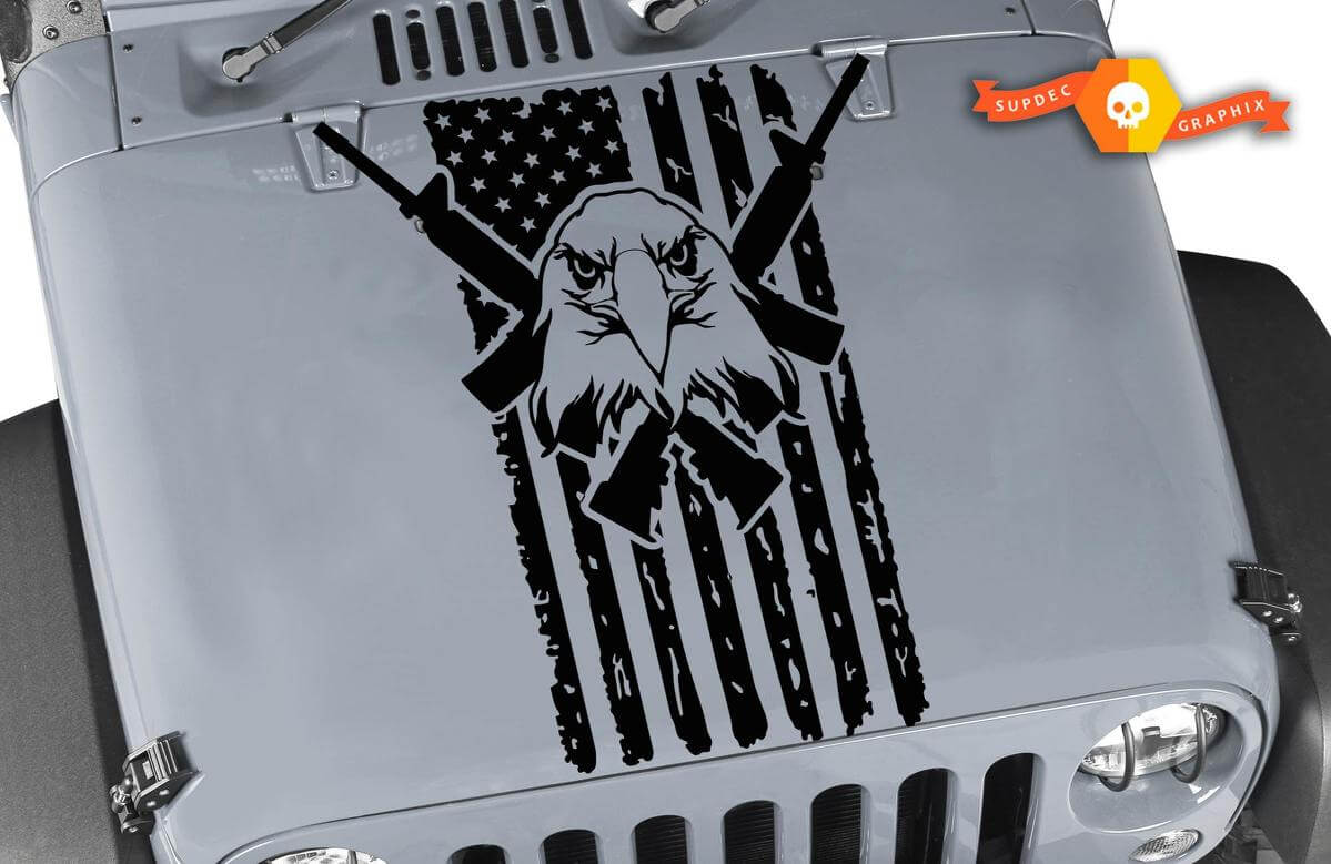 Abgenutzter USA-Flagge Weißkopfseeadler gekreuzte Gewehre Motorhauben-Vinylaufkleber für Jeep Wrangler