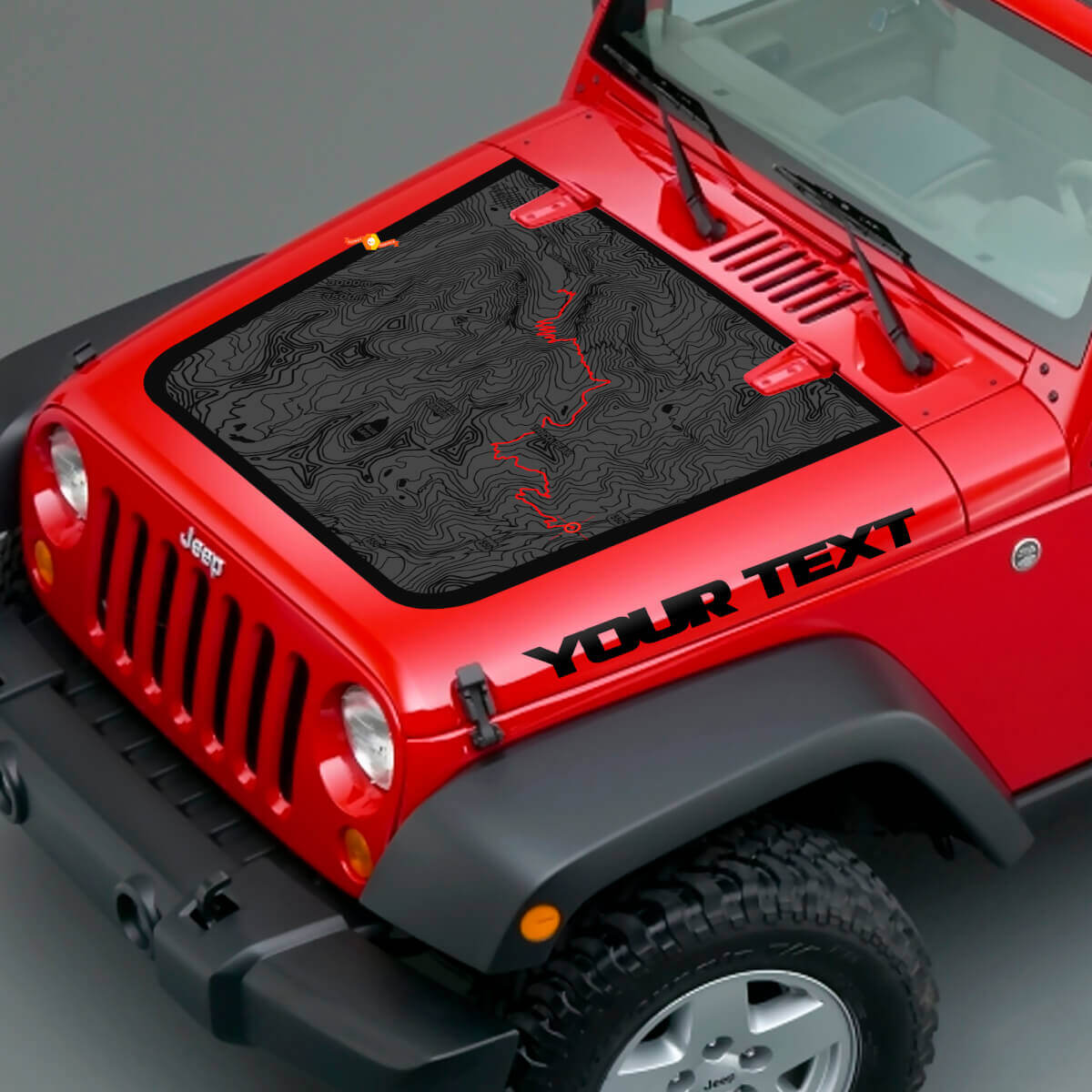 Topografische Karte & individuelles Text Motorhauben-Vinylaufkleber für Jeep Wrangler