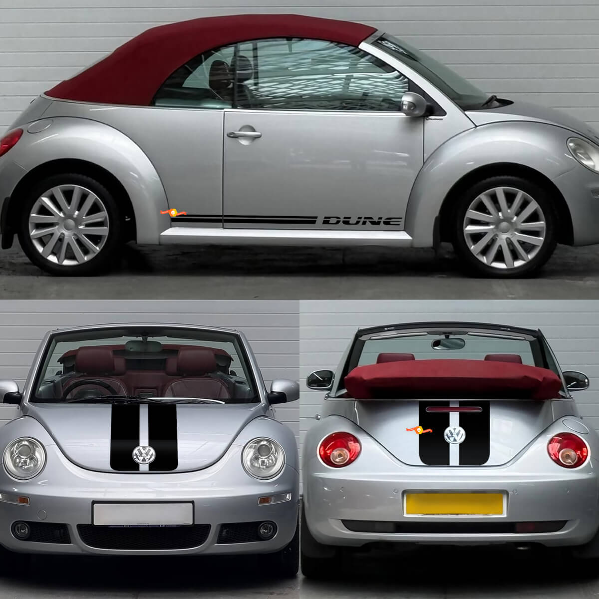 Dünen-Stil Doppelte Streifen Motorhaube Kofferraum Seiten Vinyl Aufkleber Set für Volkswagen Käfer Cabriolet