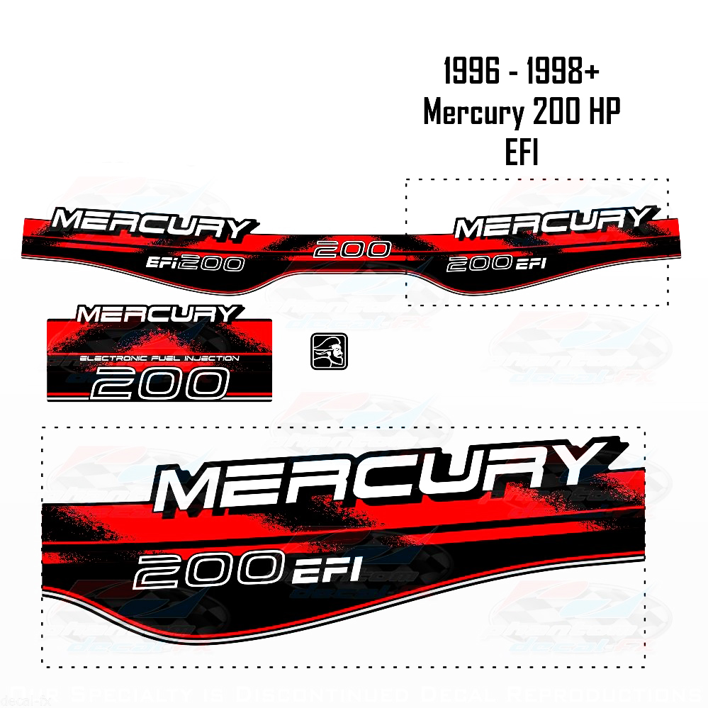 1996–1998+ Mercury 200 PS EFI Aufkleber-Set Außenborder Reproduktion 3-teiliges Vinyl 1997