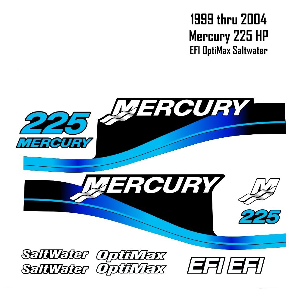 1999-2004 Mercury 225 PS blaue Aufkleber EFI OptiMax Salzwasser 15-teilige Repro-Aufkleber für Außenborder