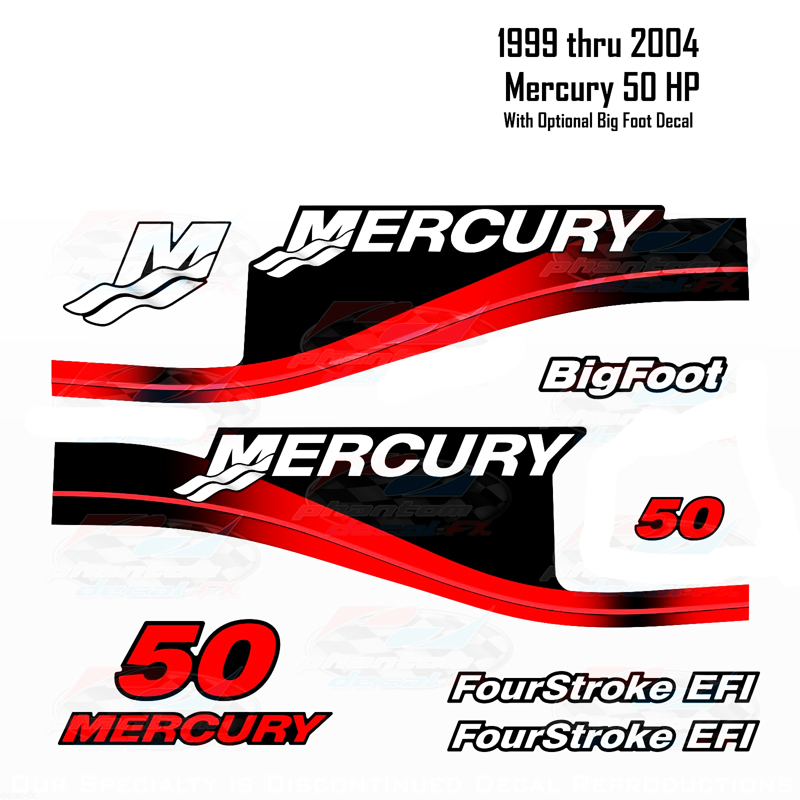 1999-2004 Mercury 50 PS rotes Abziehbilder zwei und vier Striche Efi Bigfoot 11 PC Repro srue