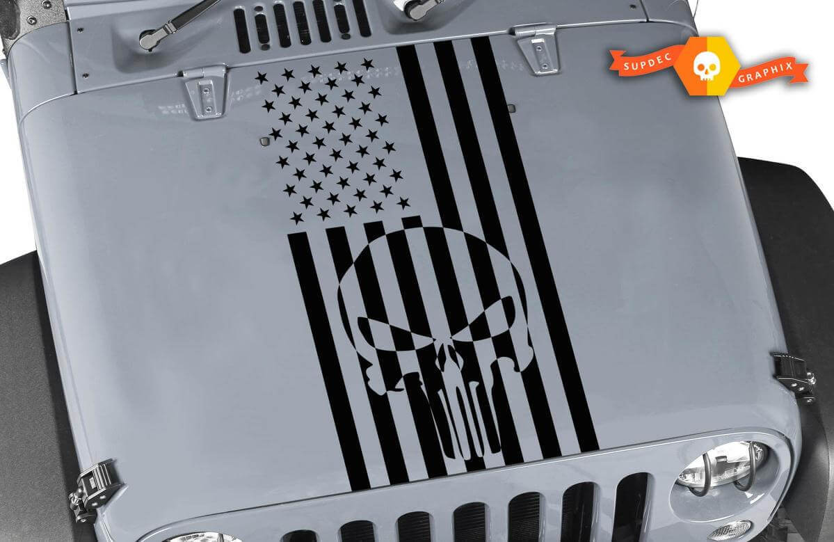 Punisher-Schädel USA-Flagge Motorhauben-Vinylaufkleber für Jeep Wrangler